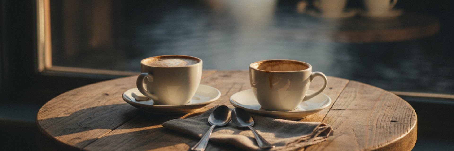 Twee halflege koffiekopjes op een caf&eacute;tafeltje bij het raam
