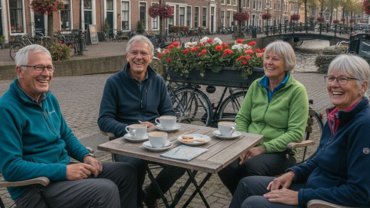 Vier wandelaars lachen samen op een terras aan het water